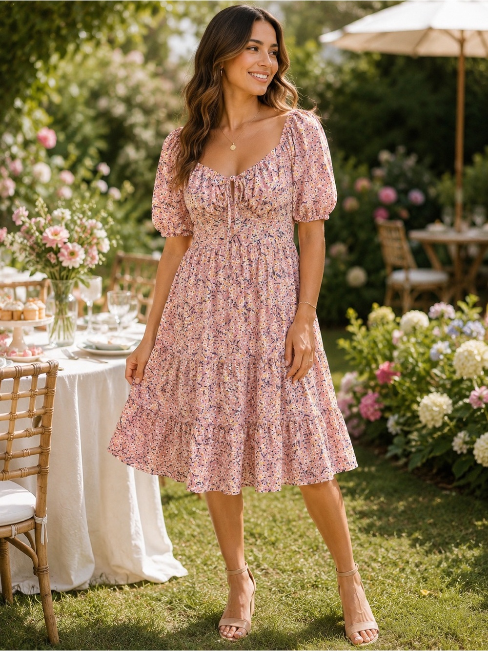 228) SHEIN Pink Floral Puff Sleeve Cottagecore Dress | Tie Front Babydoll Mini
